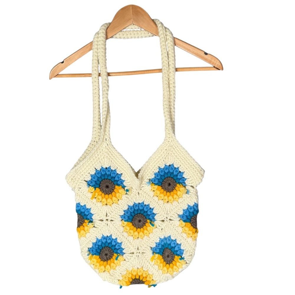 Sunflower Crochet Cream Blue White  Boho